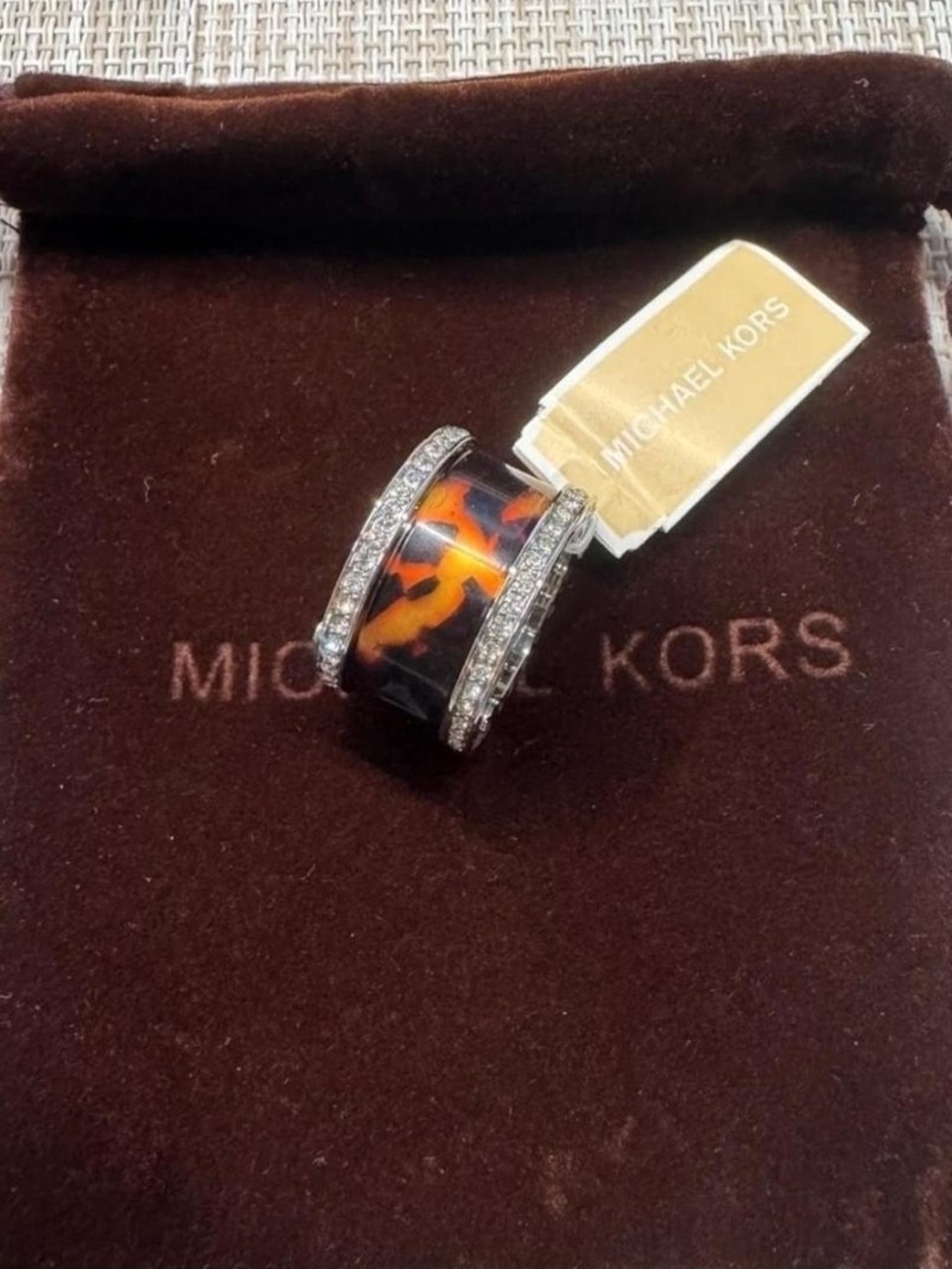 Michael Kors Tortoiseshell-Pattern Ring with Crystal Bands NWT. Size 7